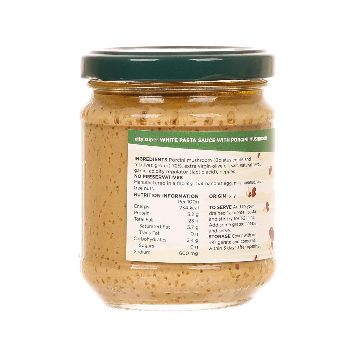 Porcini mushroom white pasta sauce jar, back ingredients and nutrition label