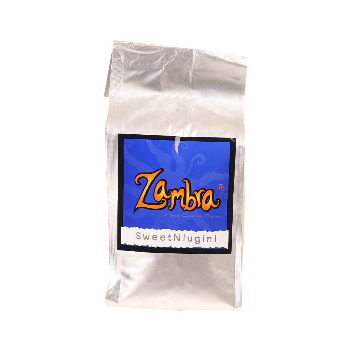 ZAMBRA Sweet Niugini coffee bag, 250g, silver pouch with front label