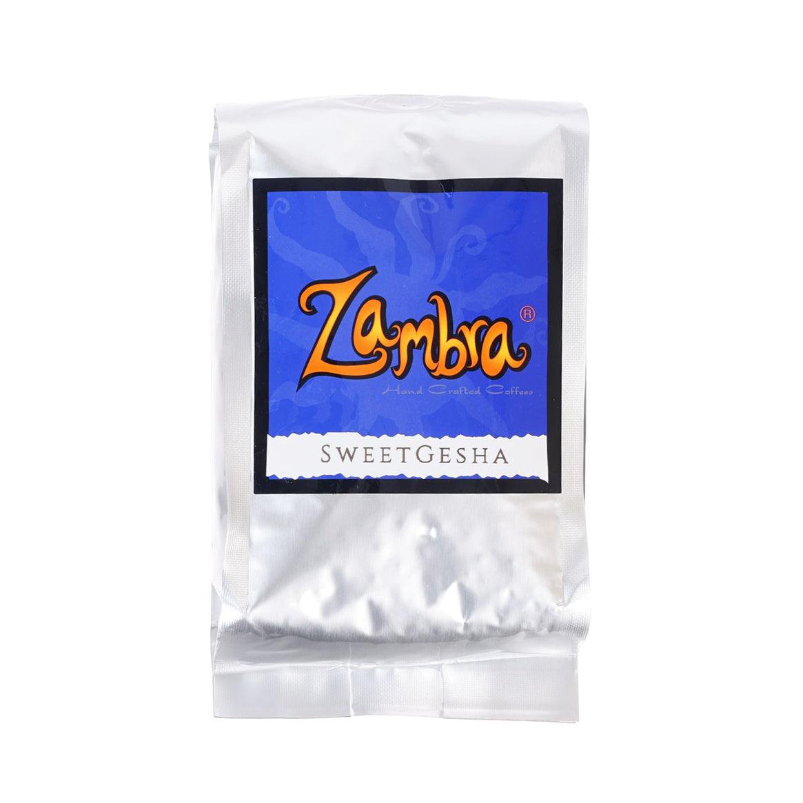 ZAMBRA Sweet Gesha hand-crafted coffee bag, white pouch with blue label