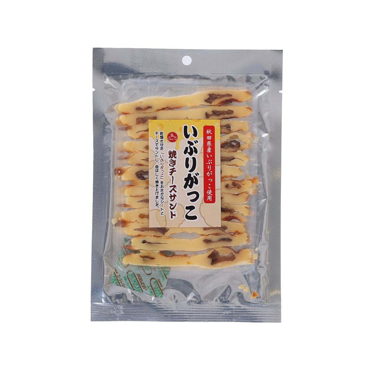 Baked cheese snack pouch with cod, front label and visible cheese pieces