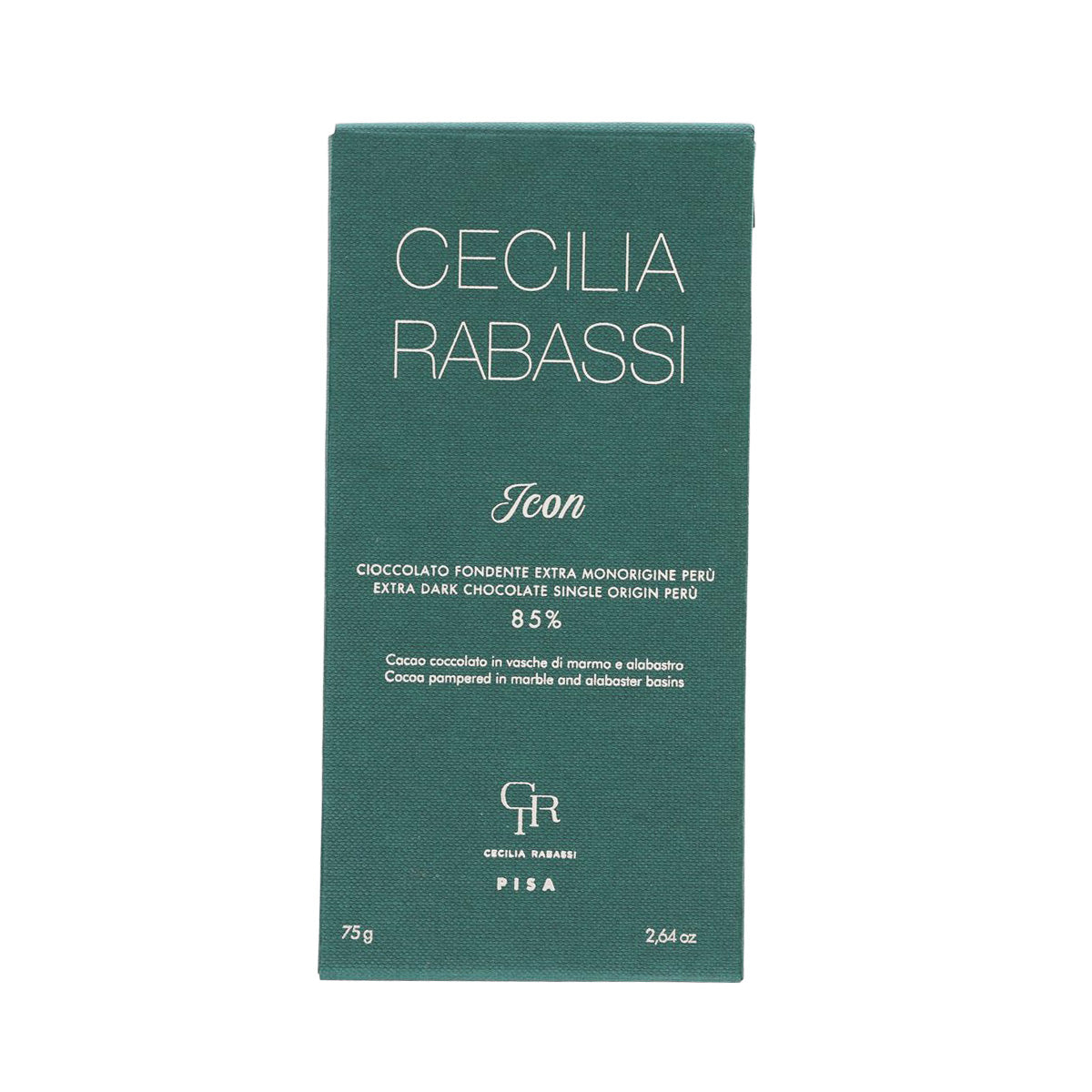 Dark chocolate bar in green packaging, 'Icon' label