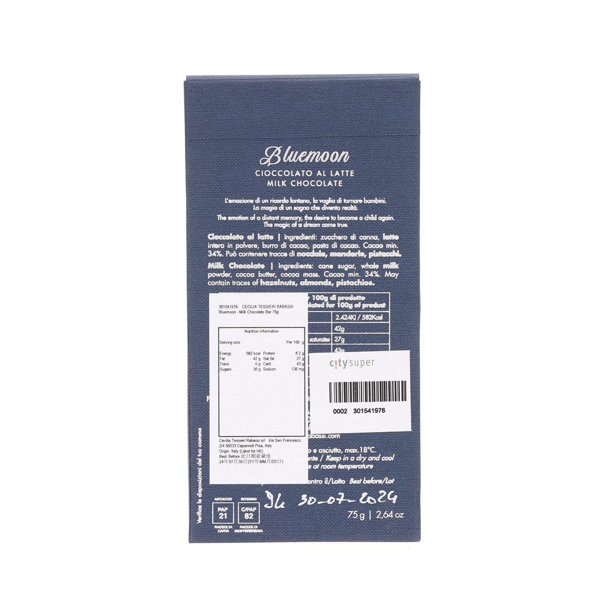 75g milk chocolate bar back of dark blue Bluemoon CECILIA RABASSI wrapper details