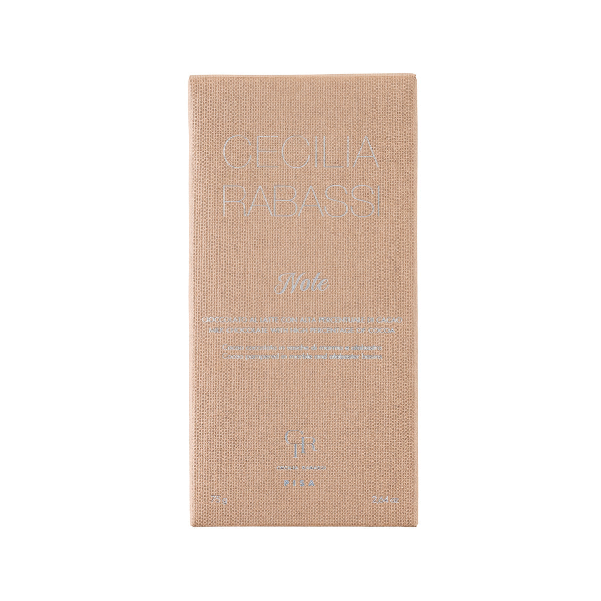 Milk chocolate bar with CECILIA TESSIERI RABASSI Note branding on cocoa-brown wrapper