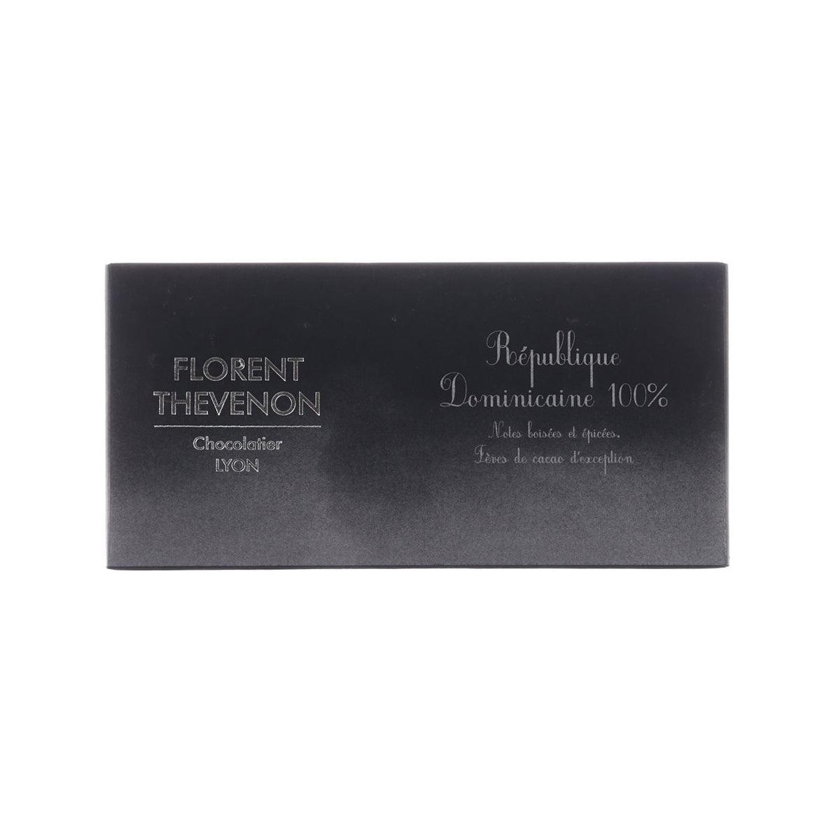 Single-origin 100% chocolate bar box, Dominican Republic, front logo text