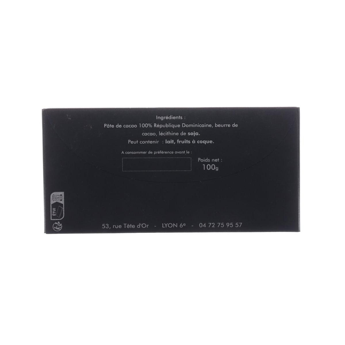 Single-origin 100% chocolate bar box, back ingredients and net weight 100g