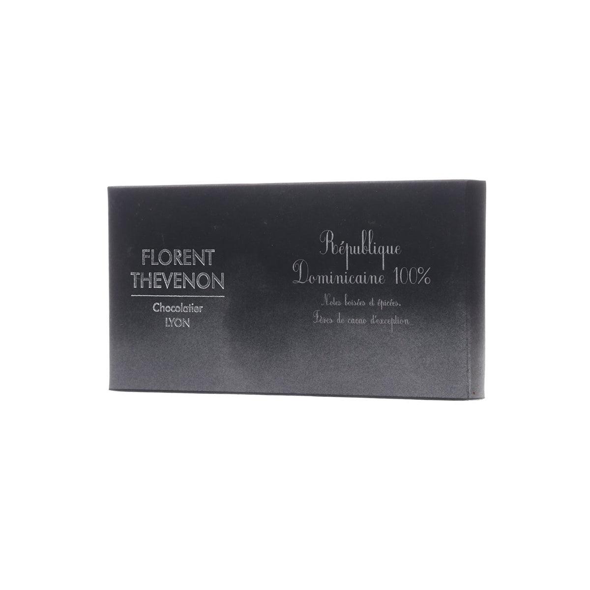 Single-origin 100% chocolate bar box, Dominican Republic, front view from side