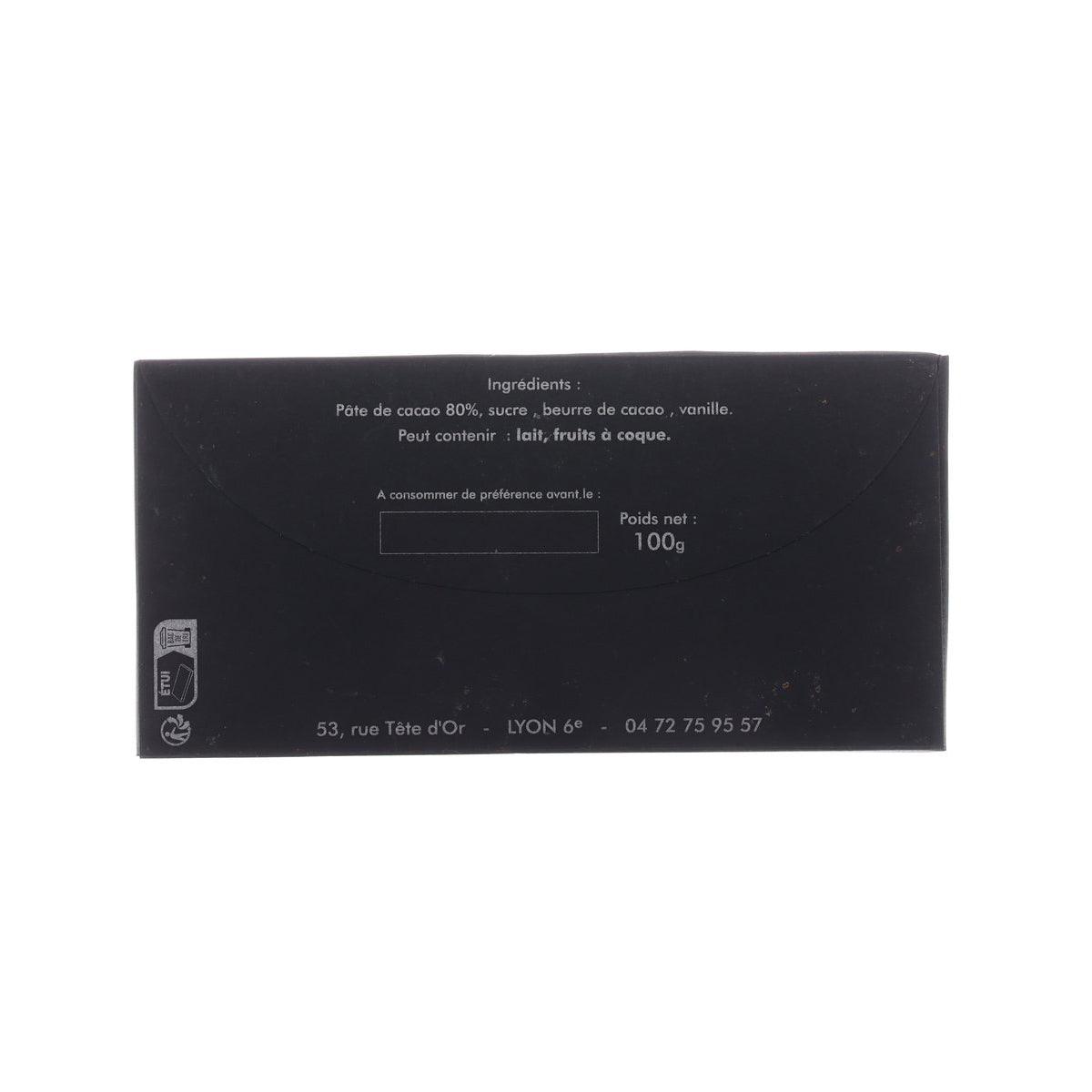 Chocolate bar box back with ingredients list and net weight 100g