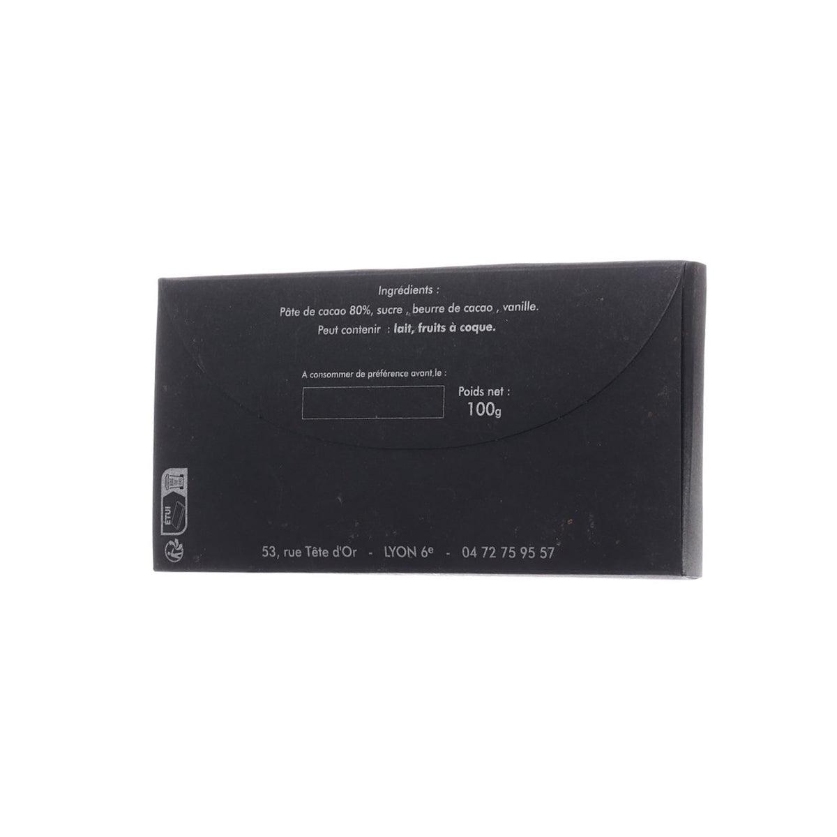 Chocolate bar box back panel with ingredients and origin details