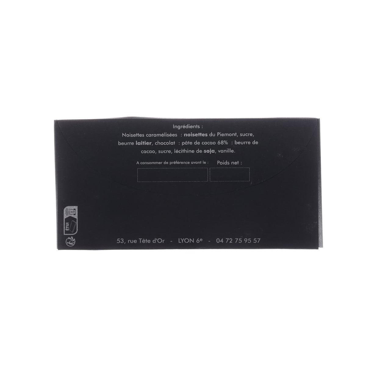 Dark chocolate bar box back with ingredients label and net weight text