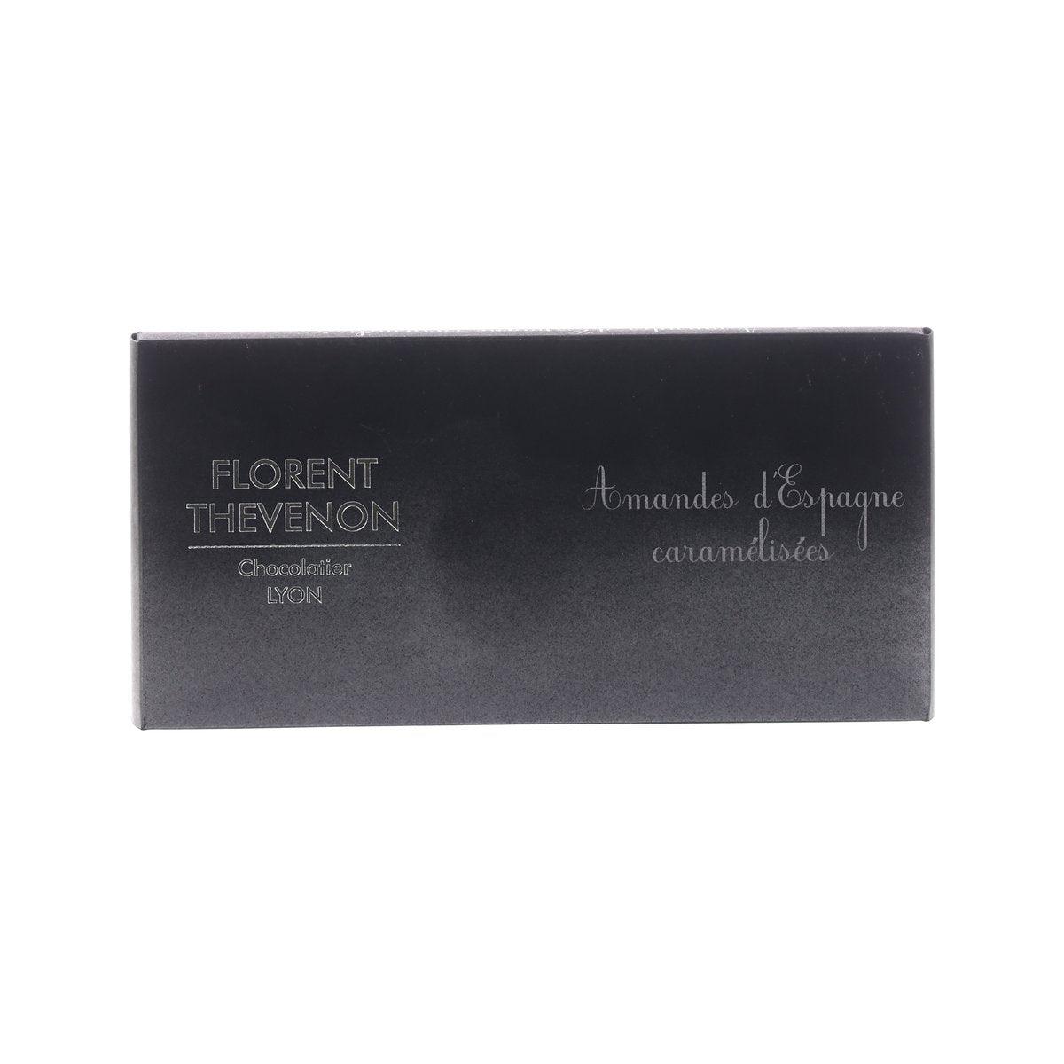 Dark chocolate bar box with FLORENT THEVENON logo and caramelized almond wording