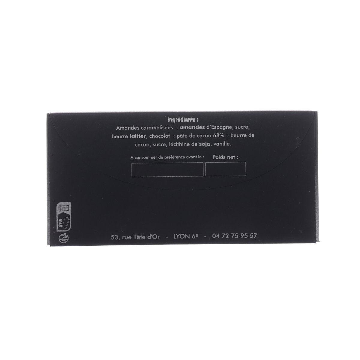 Dark chocolate bar box back with ingredients text and nutrition information panel