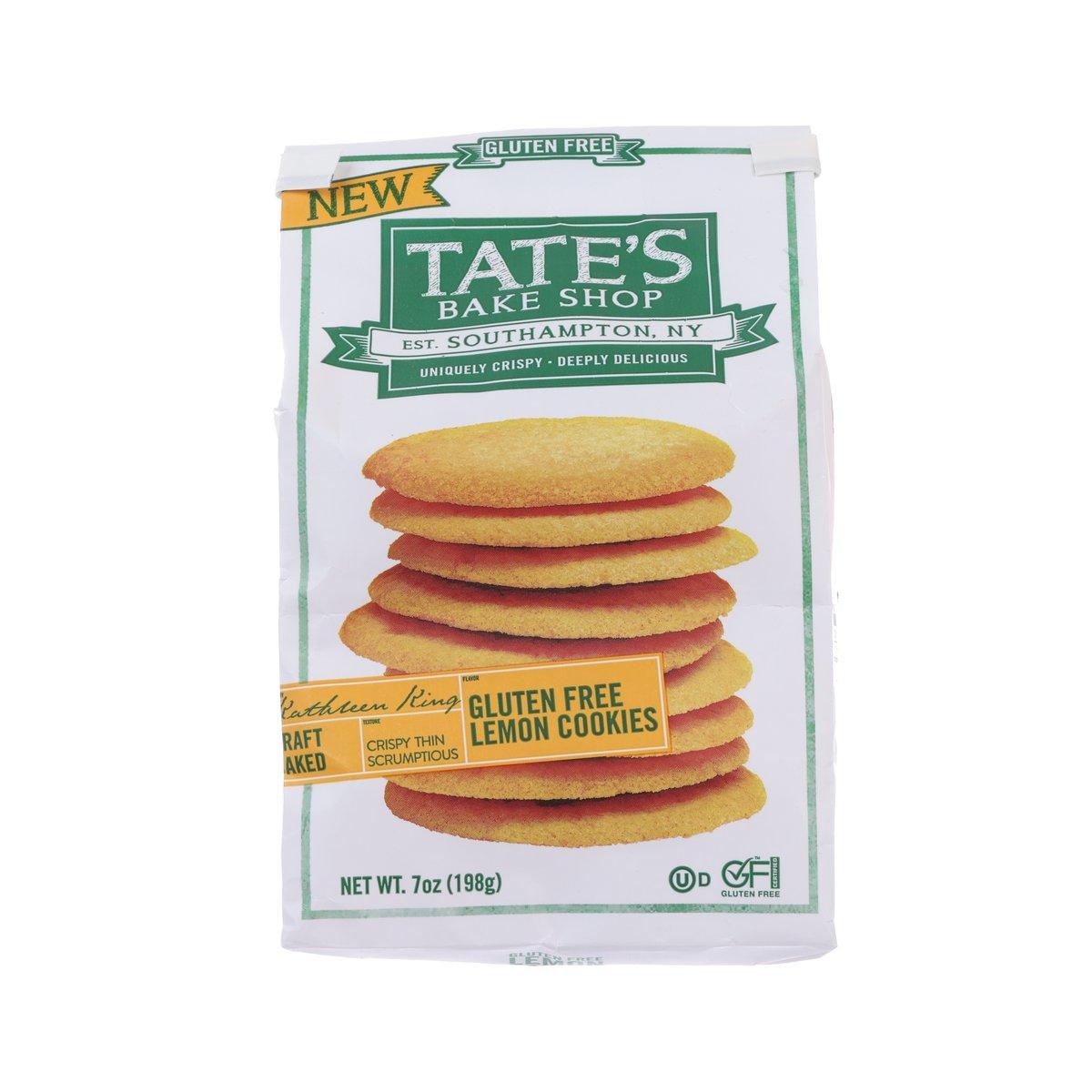 Gluten-free lemon cookies pouch with stacked cookie photo and TATE'S label