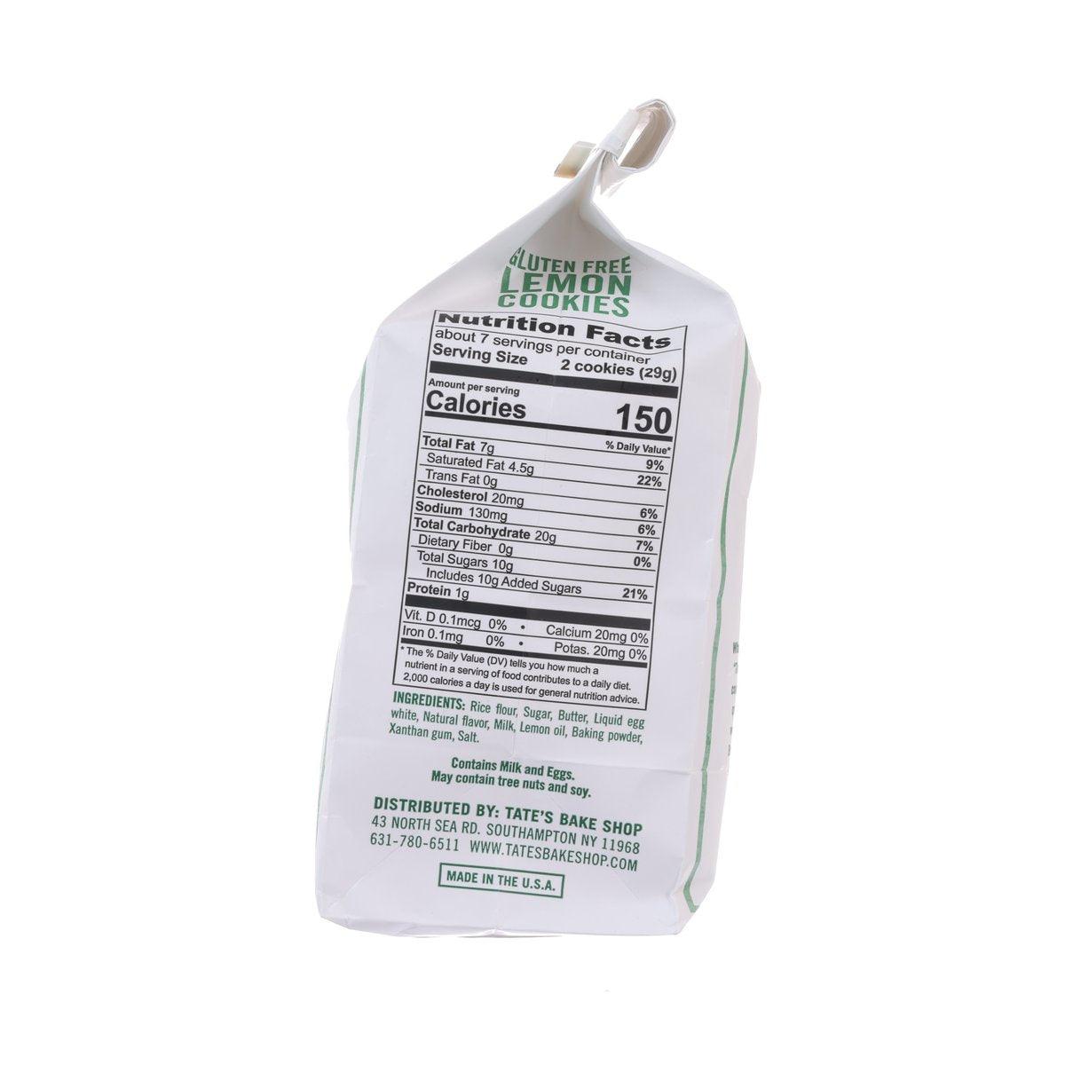 Gluten-free lemon cookies pouch back panel with nutrition facts and ingredients