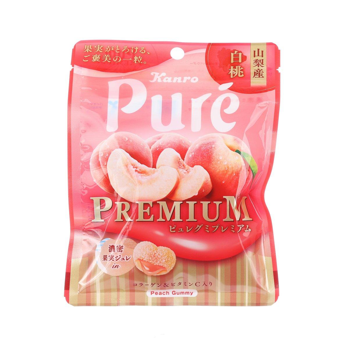 KANRO Pure Premium peach gummy candy pouch, pink front with fruit and gummy graphic