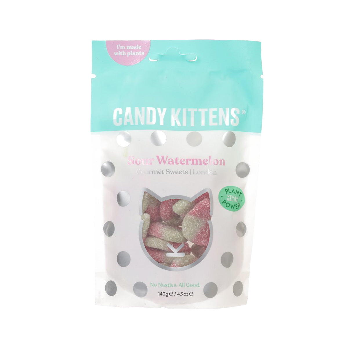 Vegan sour watermelon gummy kittens in resealable pouch, 140g