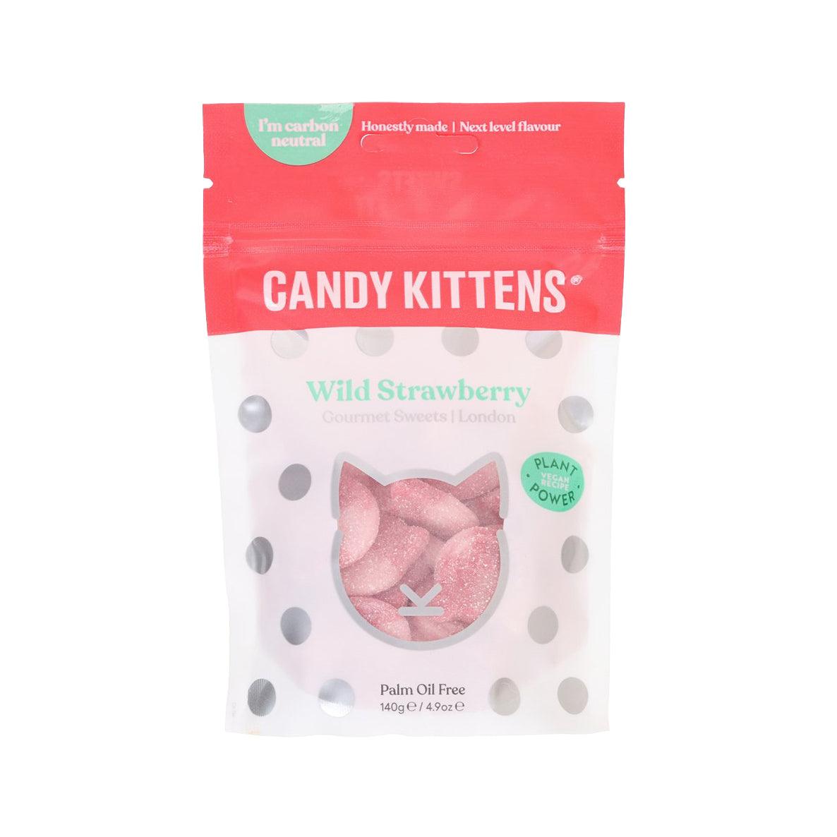 Vegan wild strawberry gummy kittens pouch, cat-shaped gummies pictured, 140g
