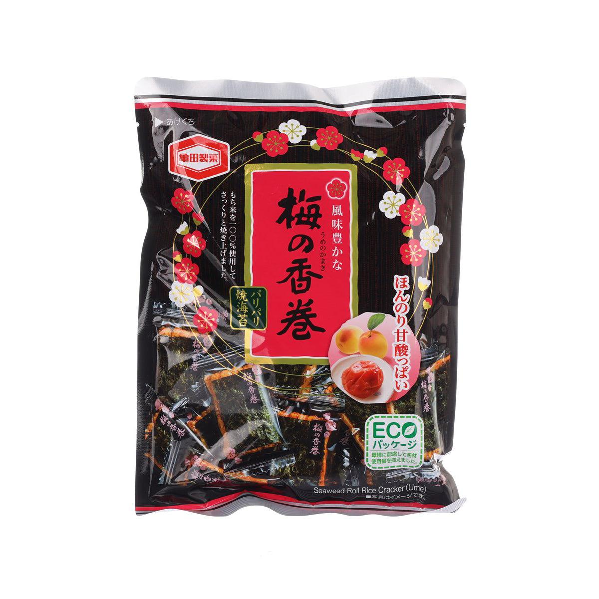 Seaweed rice cracker bag with plum blossom artwork, black packaging, KAMEDA