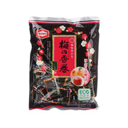 Seaweed rice cracker bag with plum blossom artwork, black packaging, KAMEDA