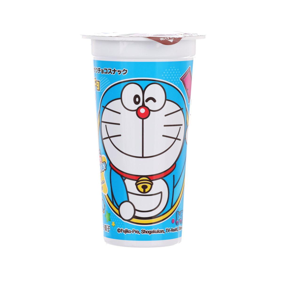 Chocolate snack cup with Doraemon character art, blue sleeve and white lid