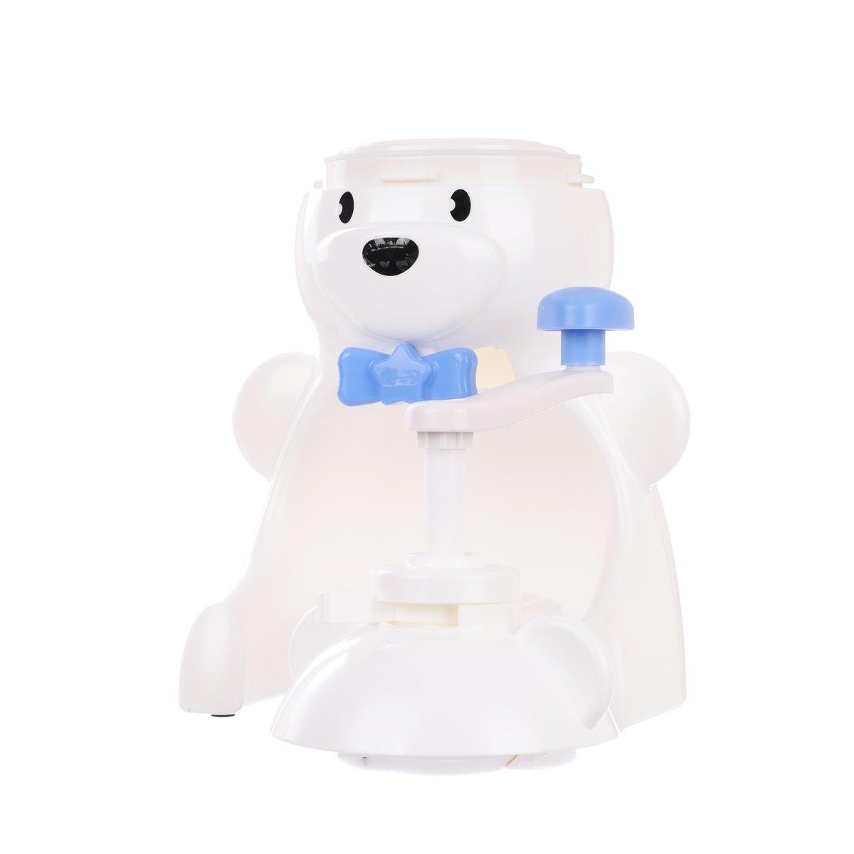 Bear-shaped plastic ice shaver, white with blue bow and dispensing lever