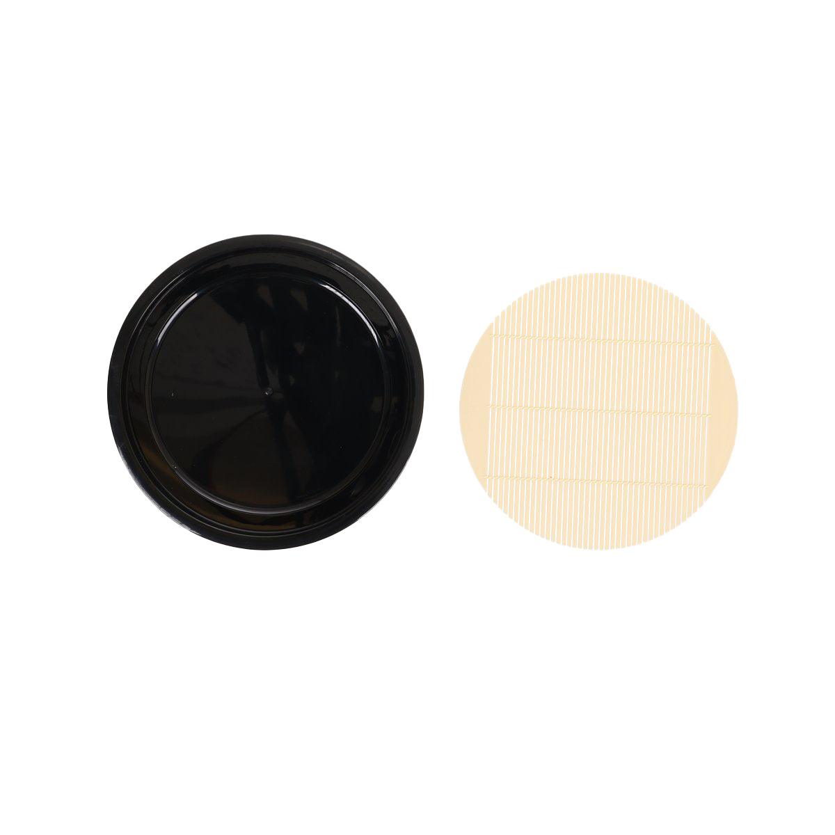 Round metal noodle plate underside, black base with ribbed interior pattern