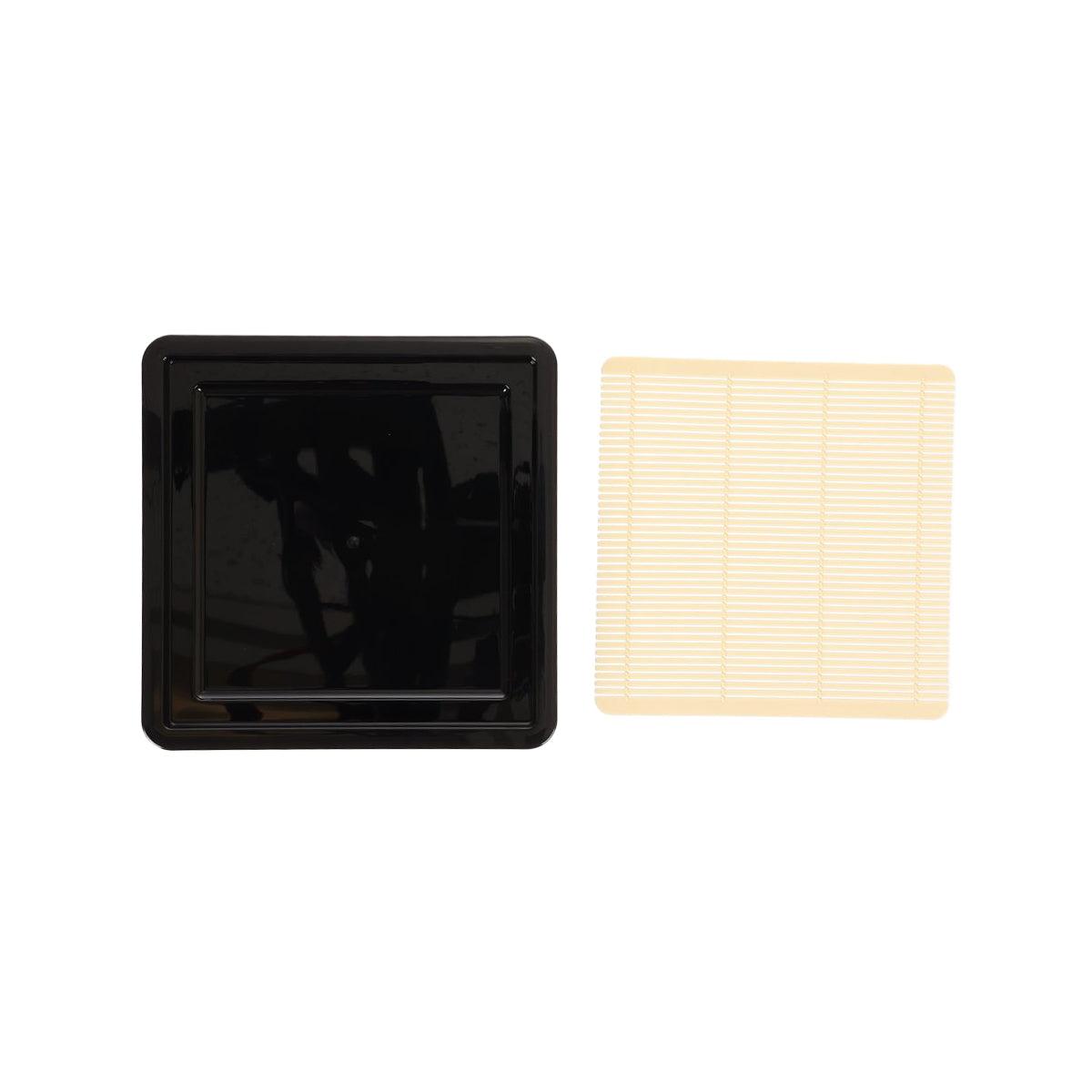 Square metal noodle plate base with detached beige grid insert, dark