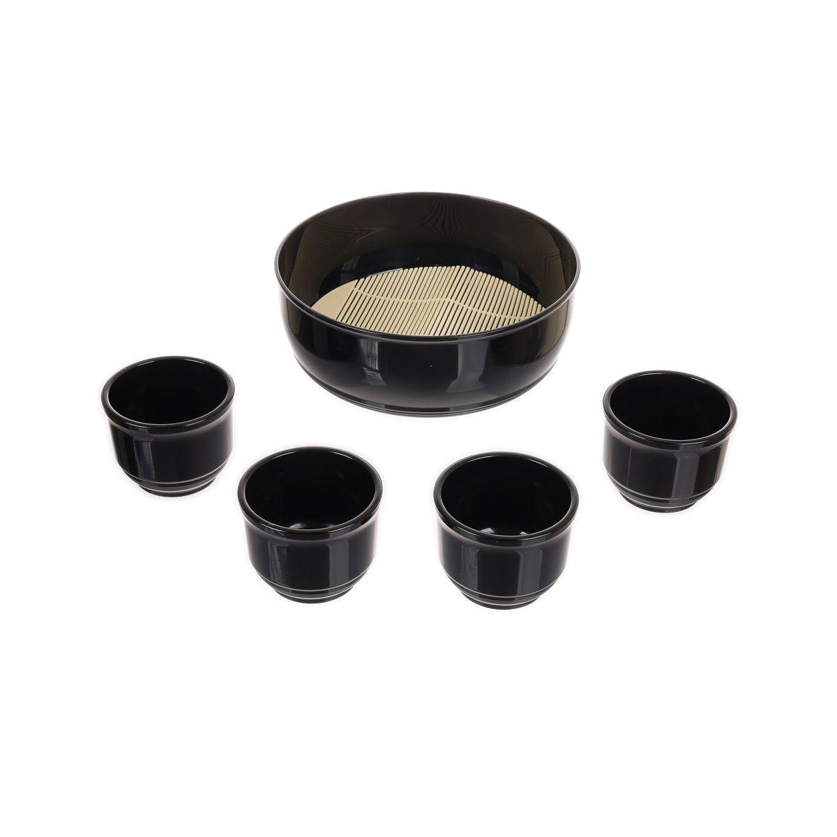 Black noodle bowl with four matching small dipping cups