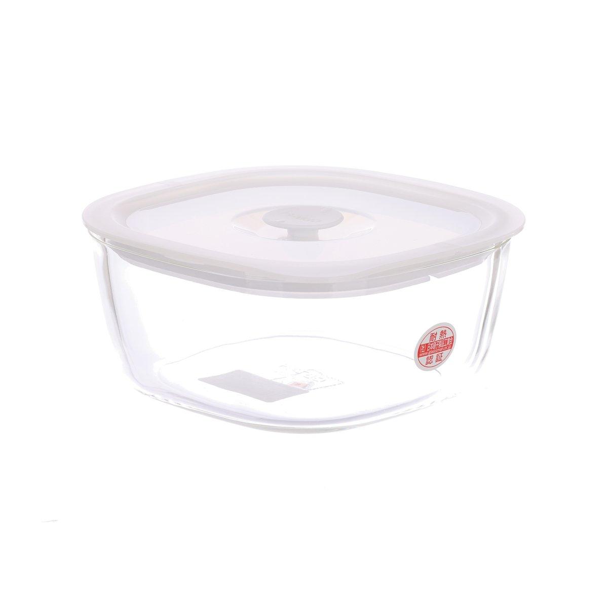 Clear plastic airtight container with white lid and red side label, 600 mL