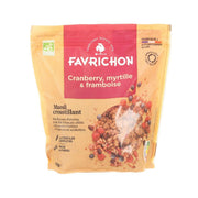 Organic muesli pouch with cranberries, blueberries and raspberries, FAVRICHON branding