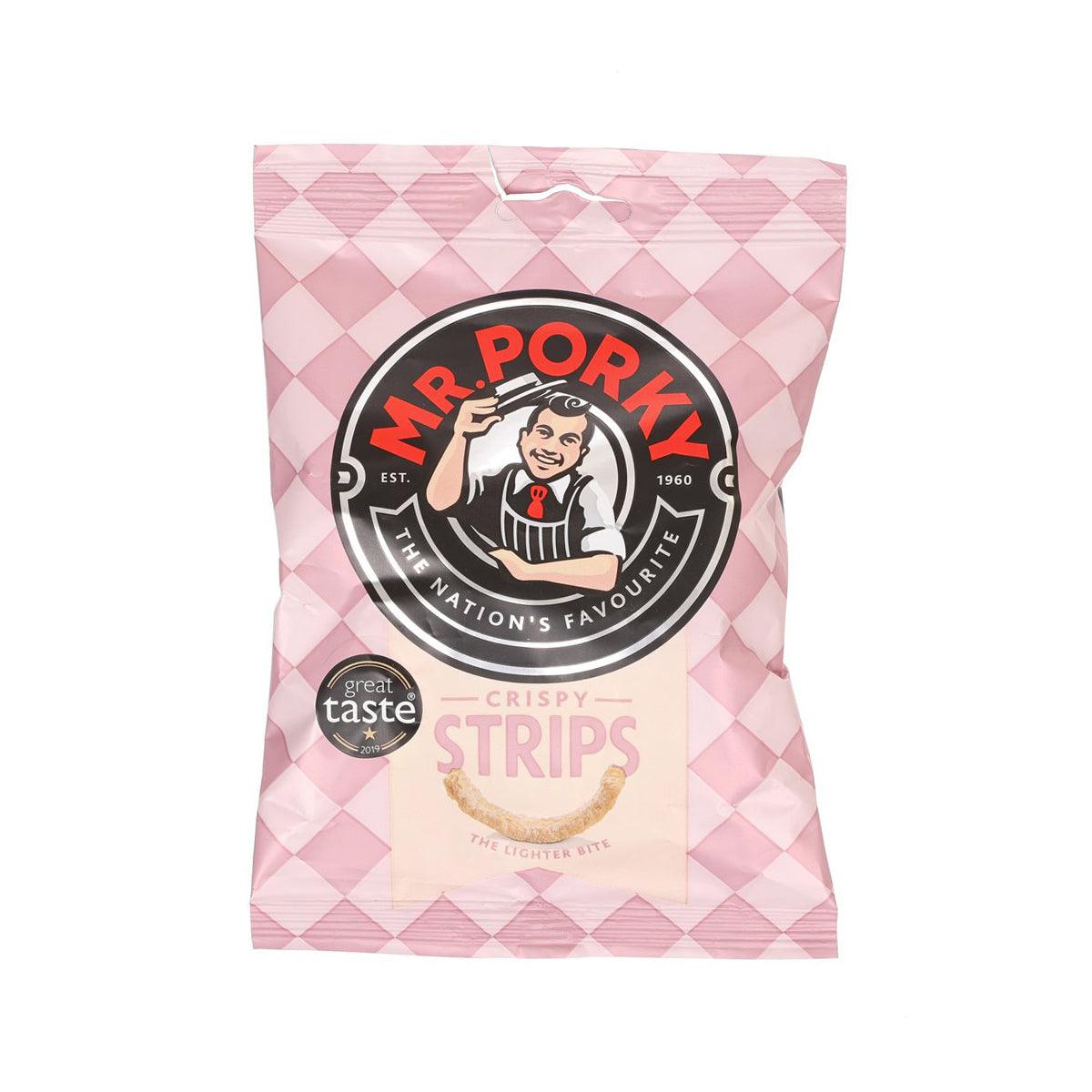 Crispy pork rind strips bag with MR. PORKY logo, pink check design
