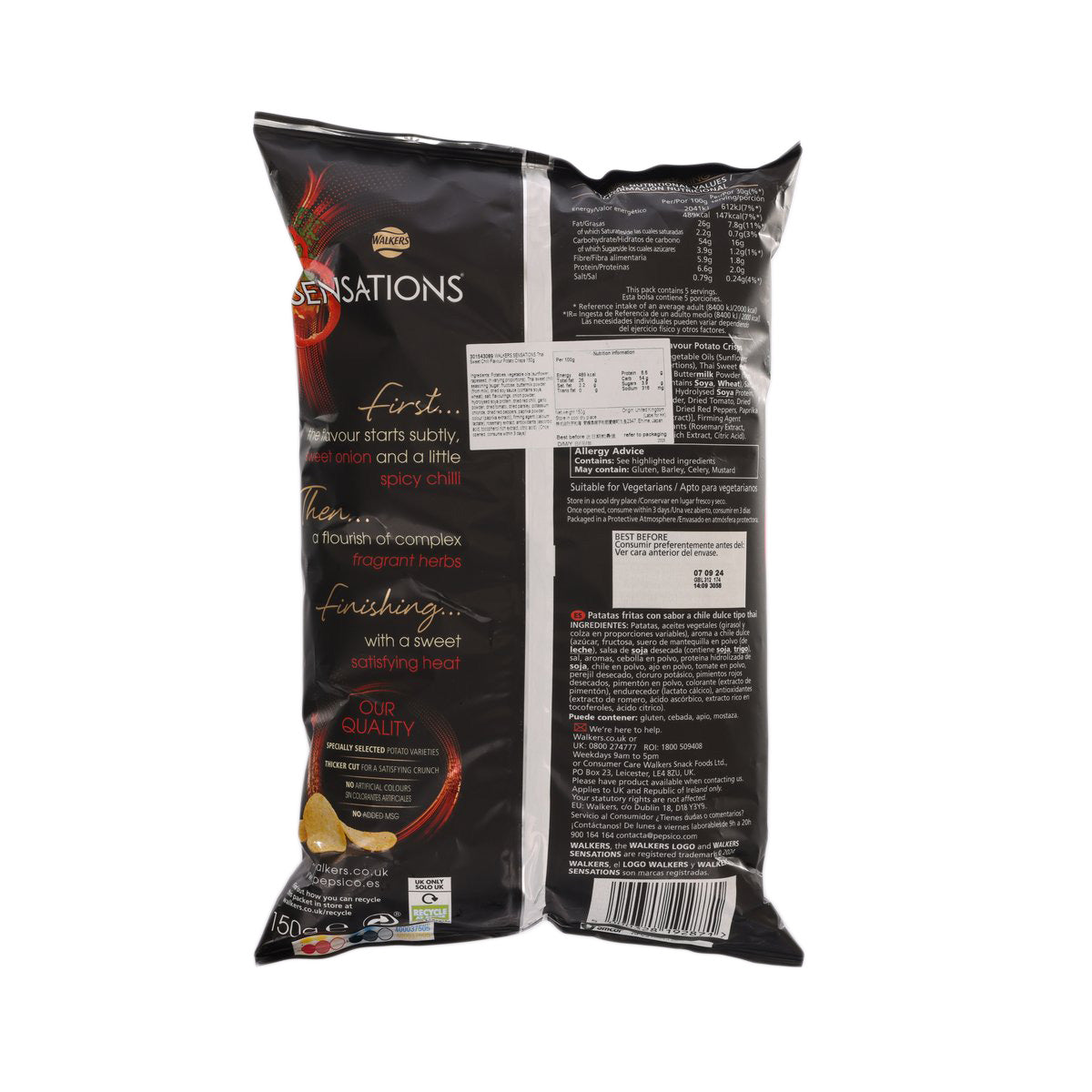 Walkers Sensations Thai sweet chilli crisps bag, back panel
