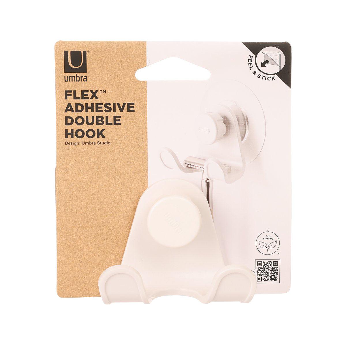 White double adhesive hook with double-stick mount, shown on retail card