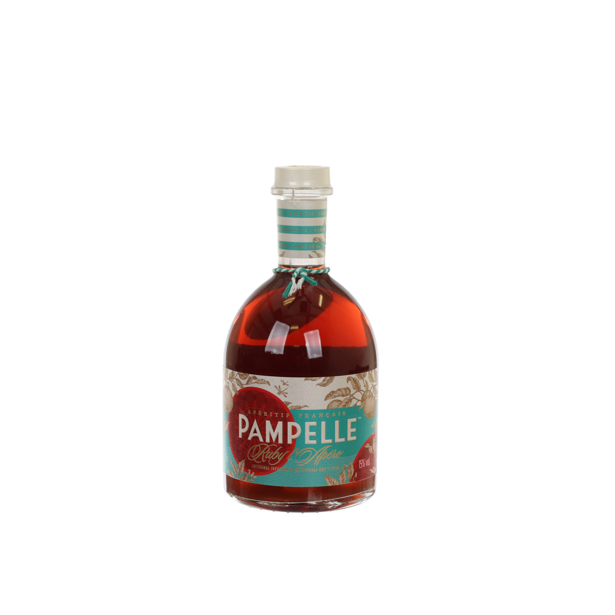 PAMPELLE Ruby aperitif bottle, dark amber-red glass with foil neck label