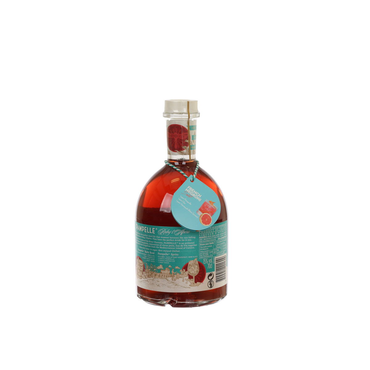PAMPELLE Ruby aperitif bottle, amber-red glass with back label and neck band