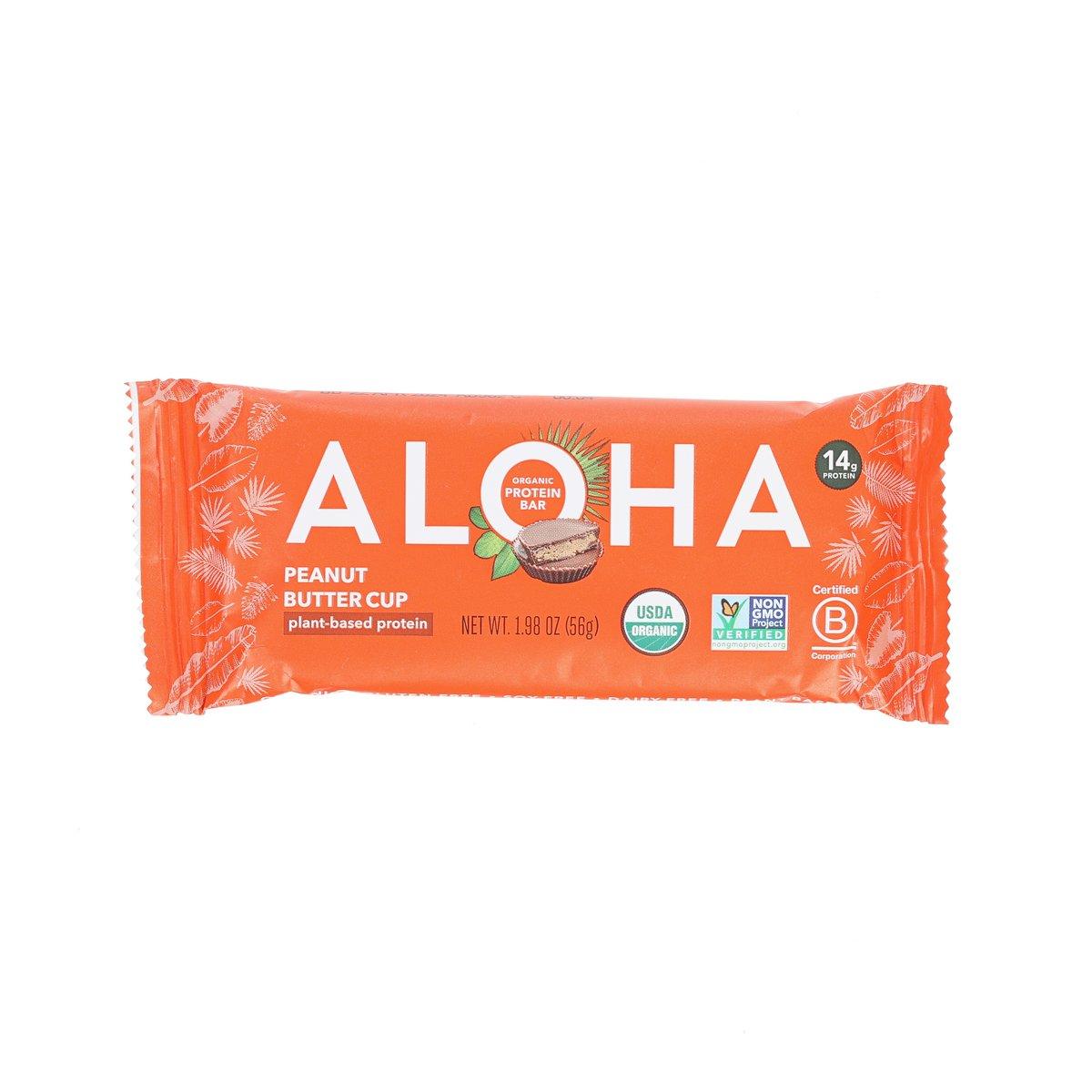 ALOHA protein bar wrapper, peanut butter cup, plant-based protein, orange package
