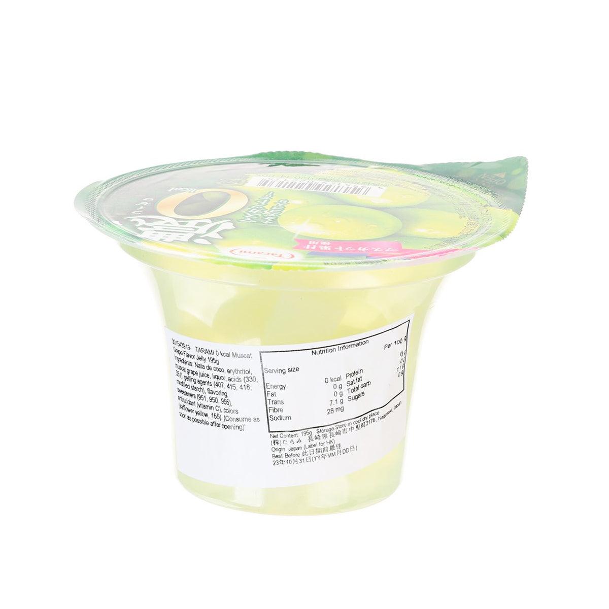 TARAMI muscat grape jelly cup with ingredient and nutrition label on side