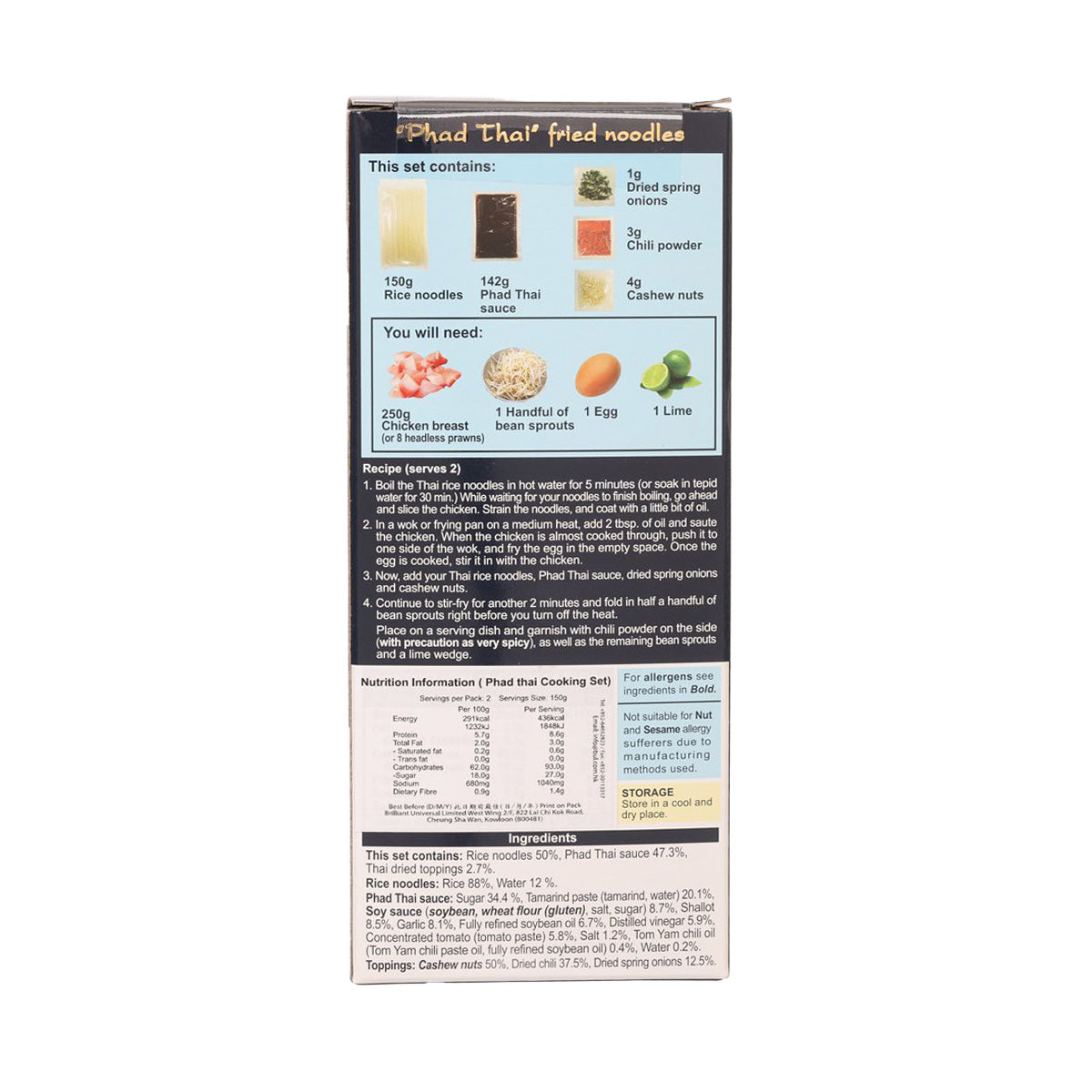 BLUE ELEPHANT Phad Thai cooking set box back with ingredients list and directions