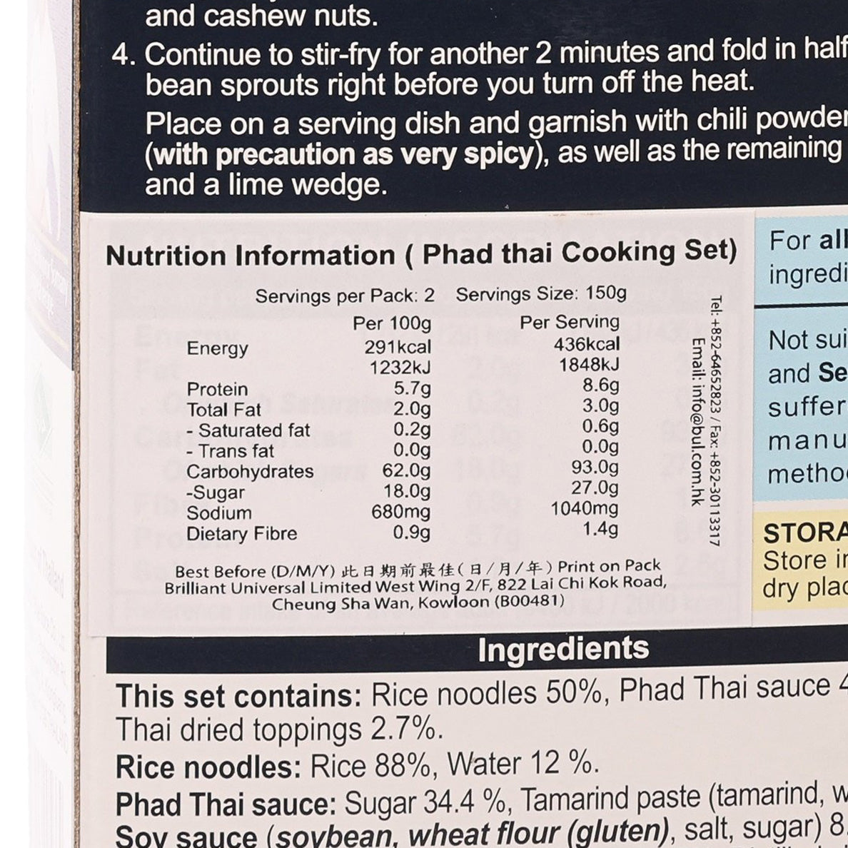 BLUE ELEPHANT Phad Thai cooking set label close-up with nutrition and ingredients info