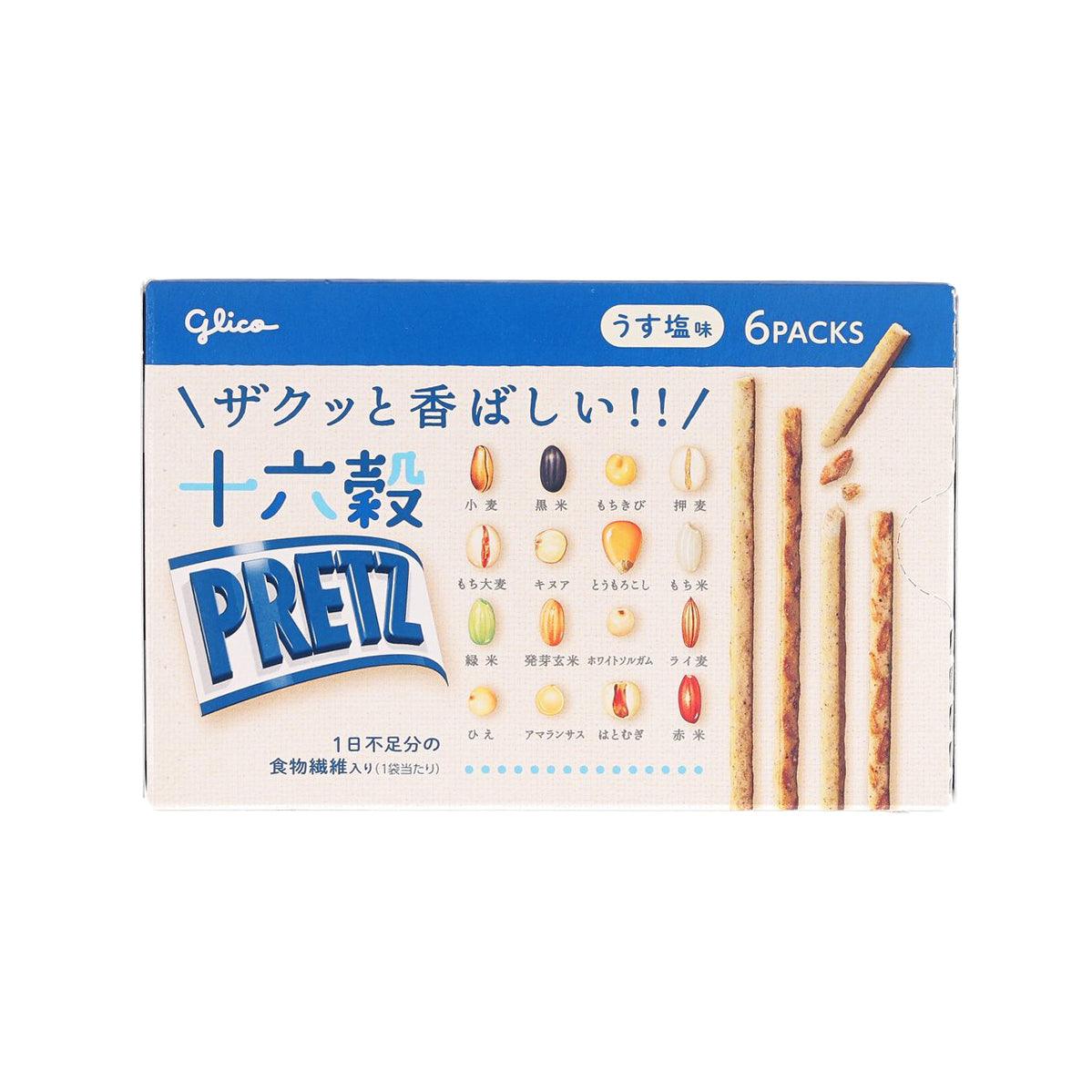 Salt pretzel biscuit sticks, Glico 6-pack carton with exposed sticks