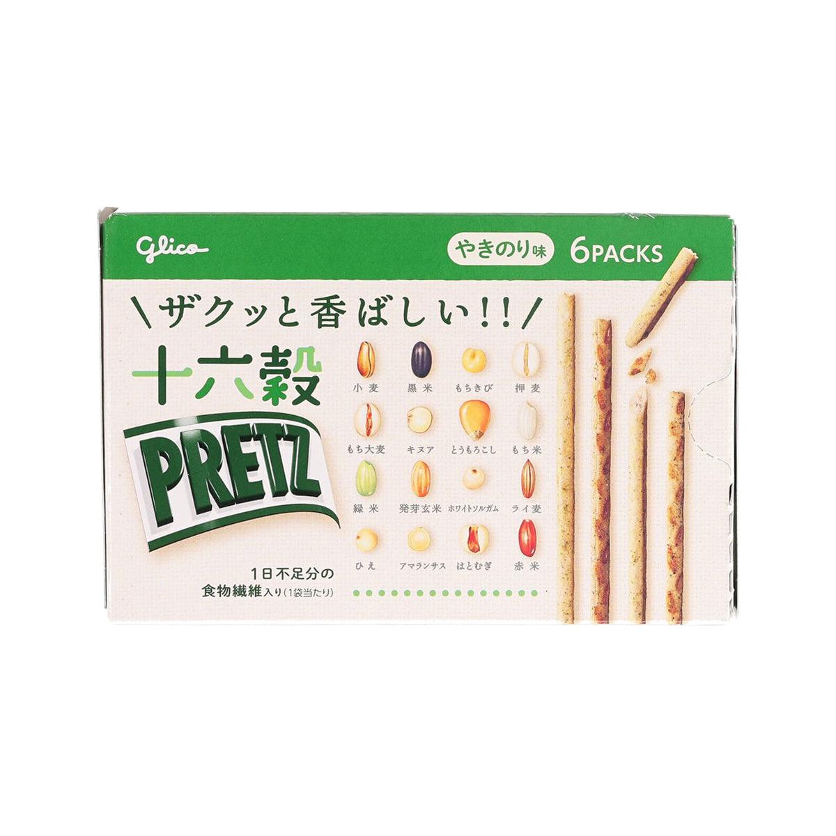 Pretz biscuit stick carton showing roasted seaweed sticks, 6 packs