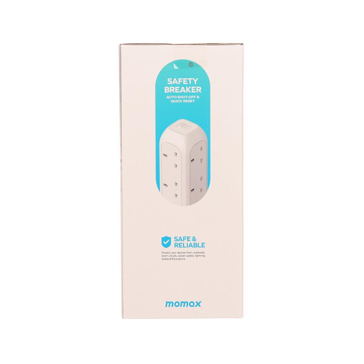 MOMAX ONEPLUG 11-outlet power strip retail box, beige, with device illustration