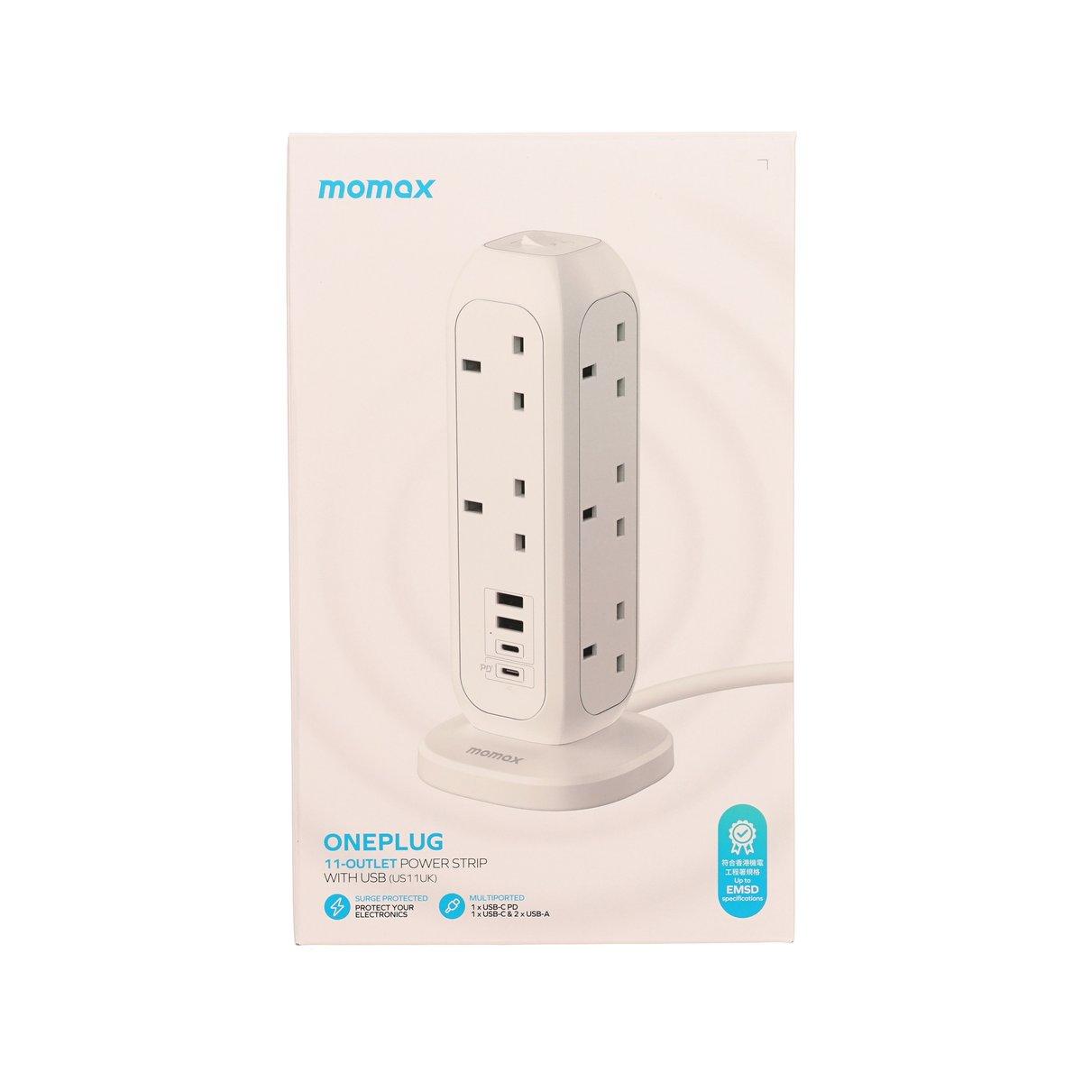 MOMAX ONEPLUG power strip retail box showing two stacked outlet modules