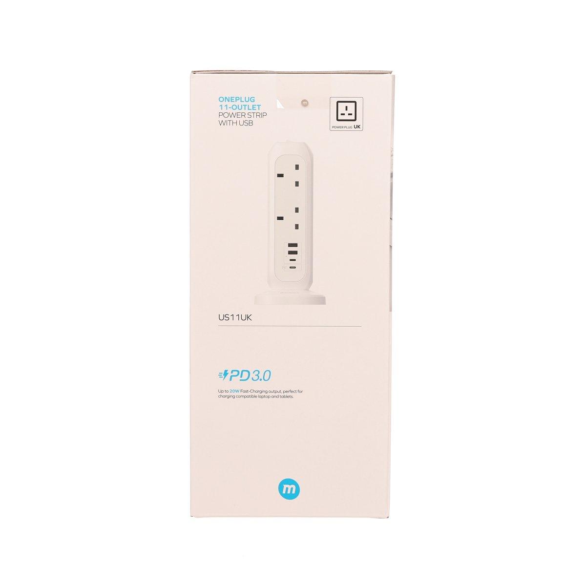 MOMAX ONEPLUG 11-outlet power strip box with USB, beige cardboard package