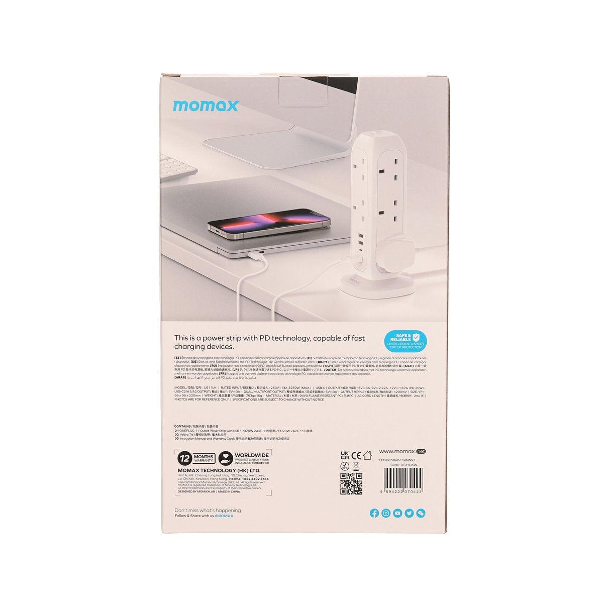 MOMAX ONEPLUG power strip retail box showing desk charging setup with phone