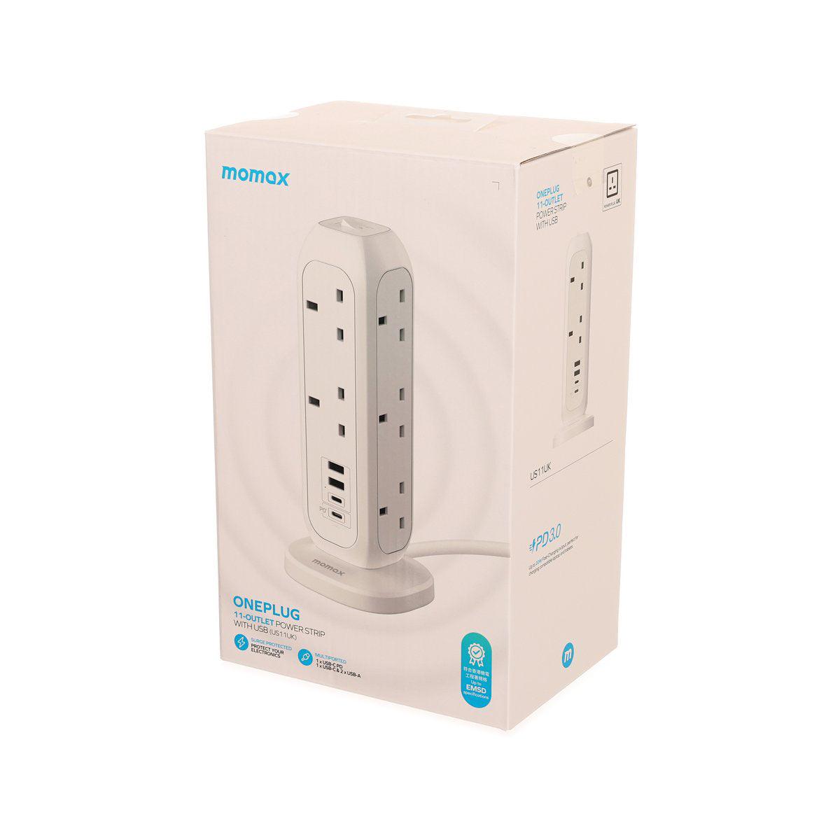 MOMAX ONEPLUG power strip retail box with two plug modules on a base