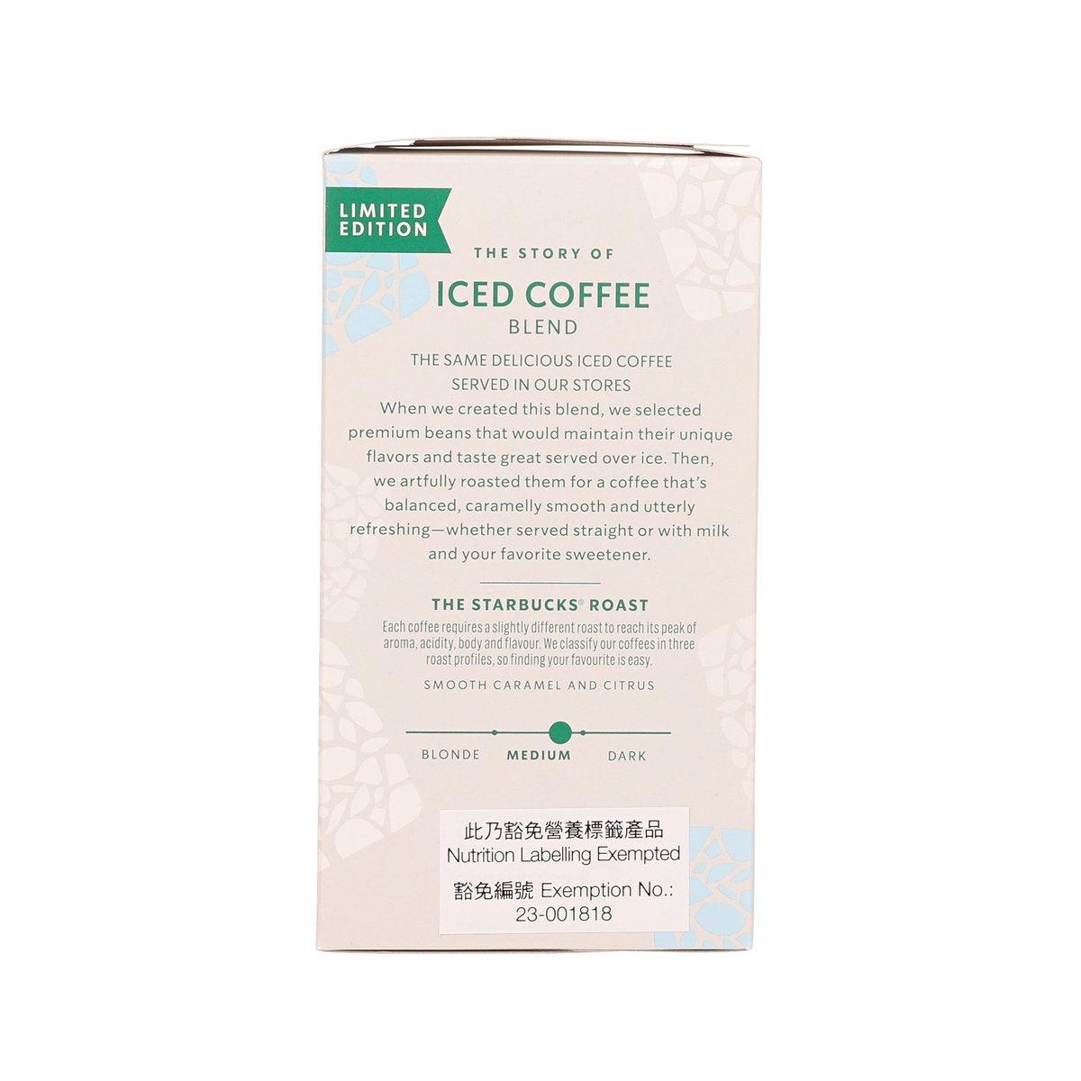 STARBUCKS iced coffee blend pour-over package, back panel with flavor and roast details