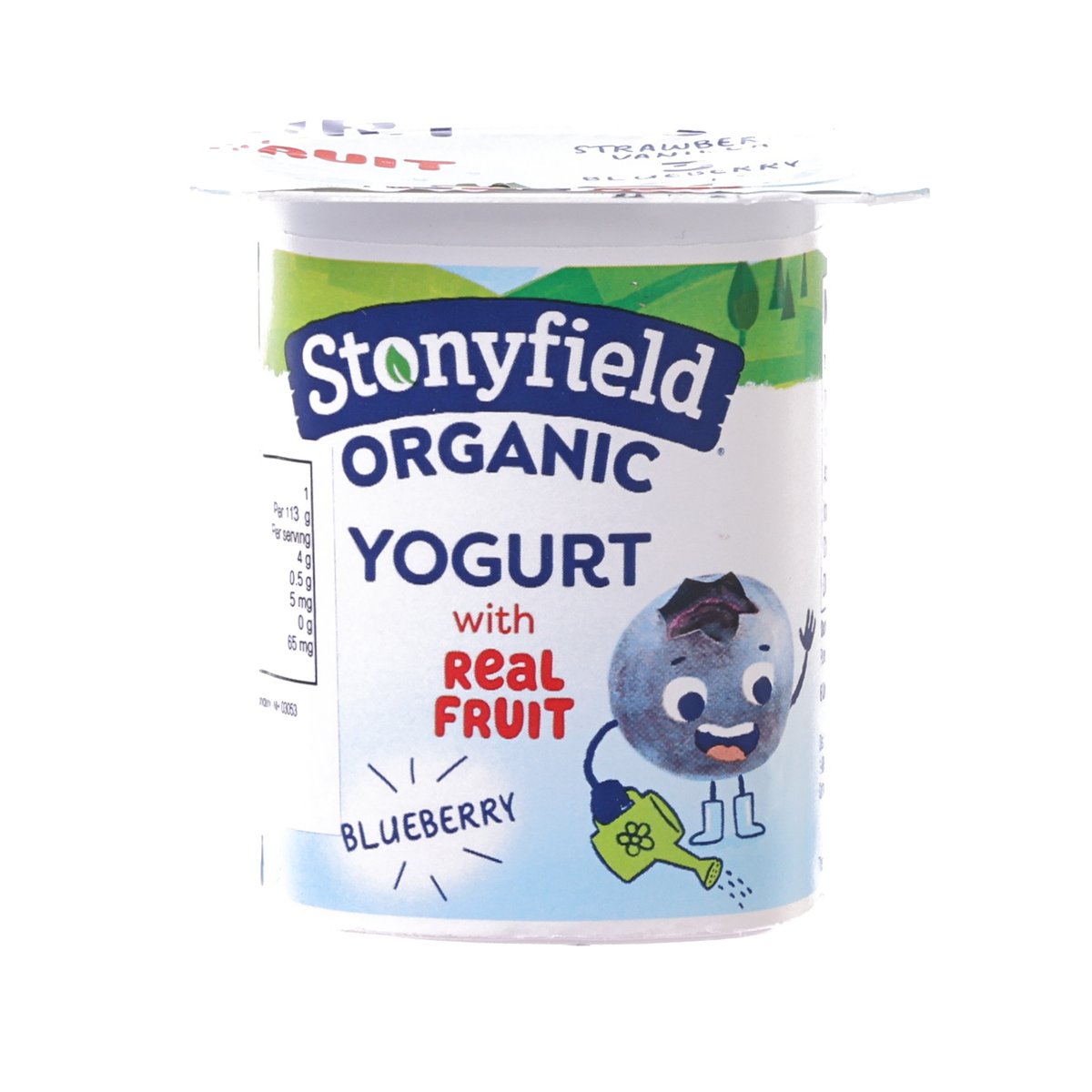 Organic blueberry yogurt cup with real fruit, Stonyfield kids label