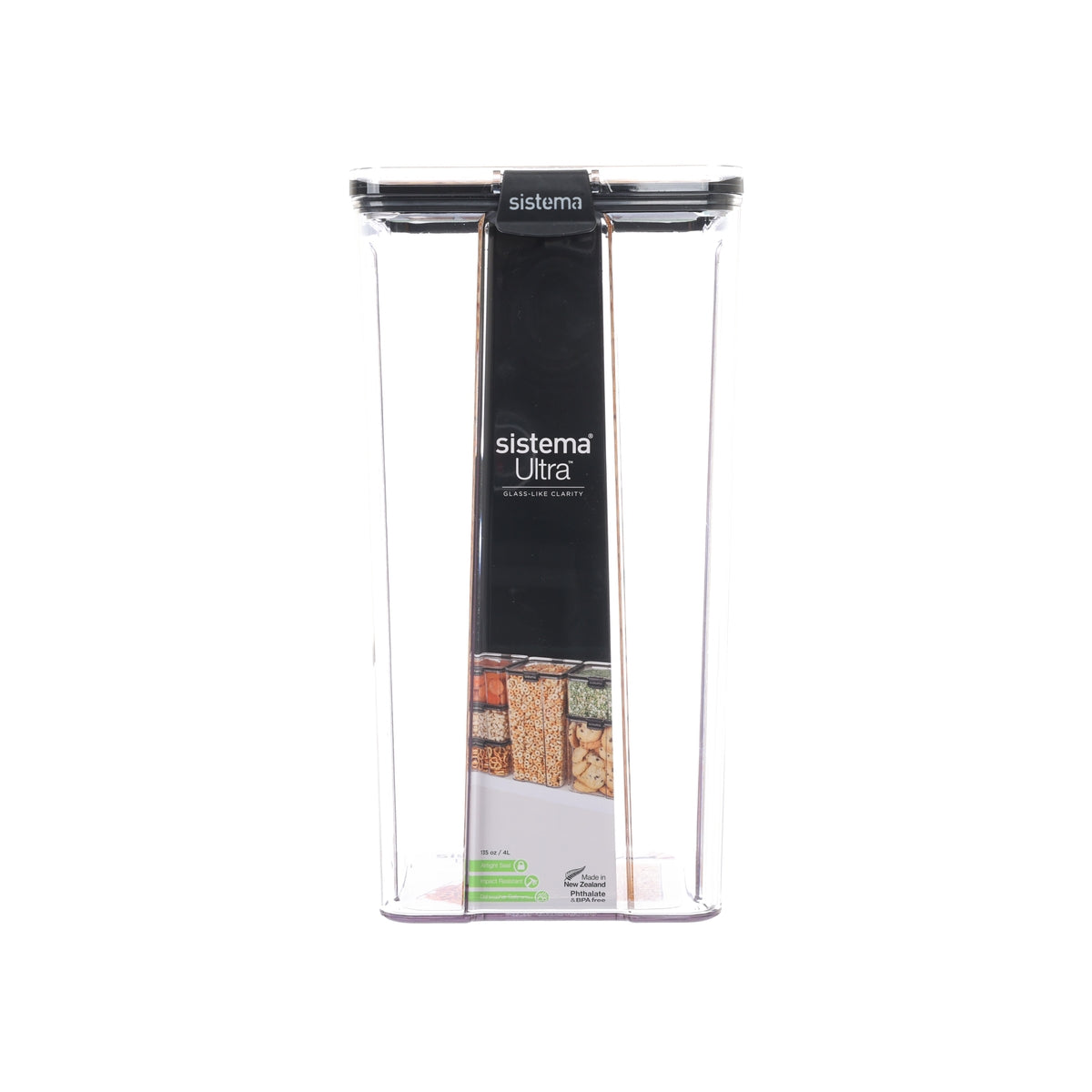 4L Tritan square food container with clear walls and black hinged lid