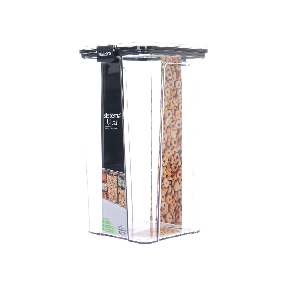 4L Tritan square food container, clear body with black lid, visible items inside