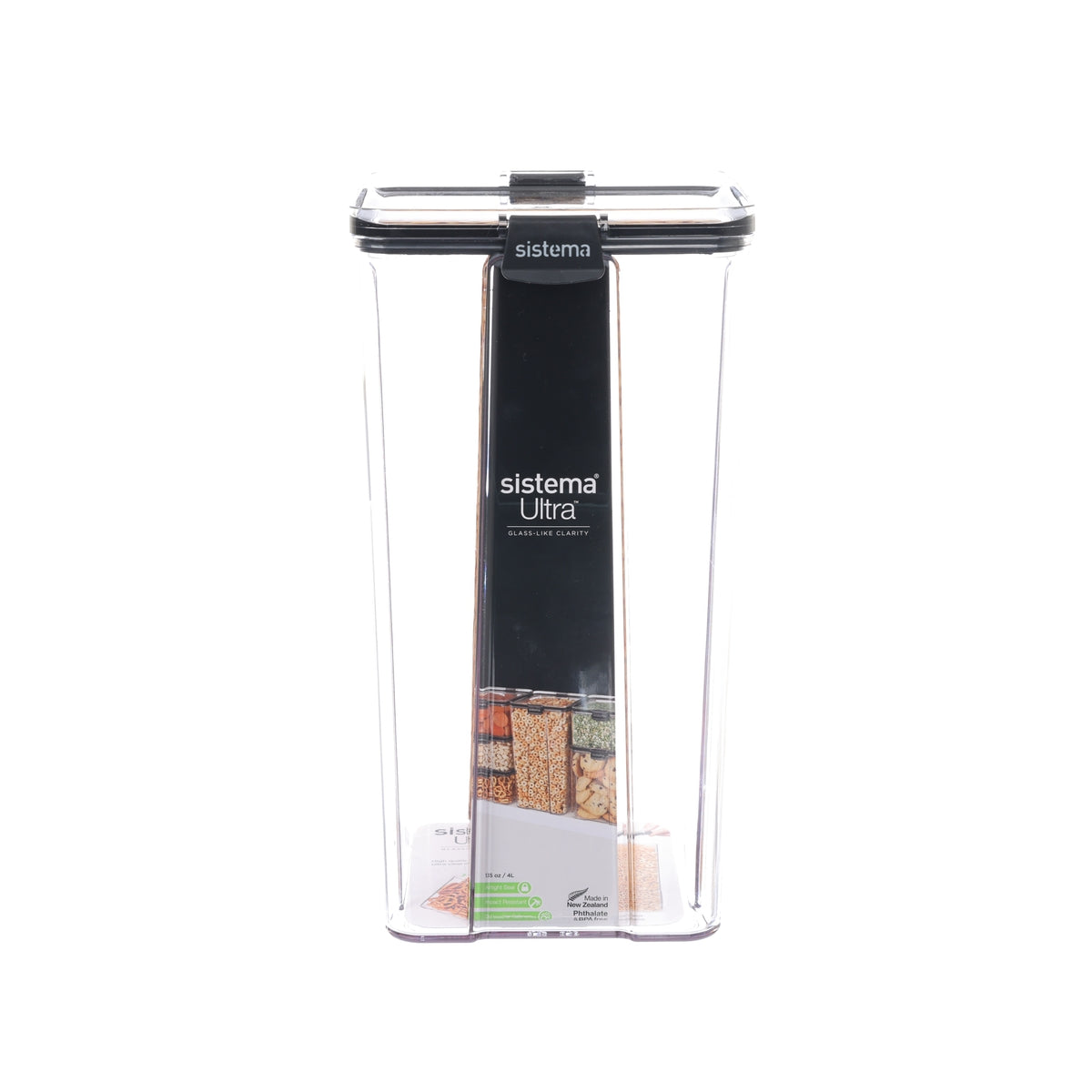 4L Tritan square food container with clear walls and black lid, front label visible